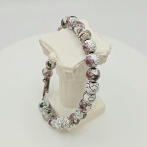 Vtg Authentic Chinese Cloisonné Bracelet Bead‎ White Green Enamel Floral 8"